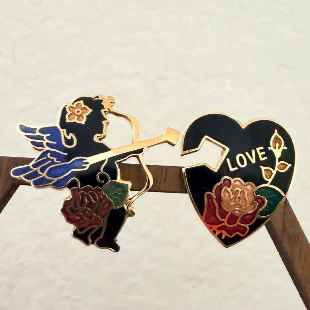 Vintage Cloisonné Cupid Heart Clip On Earrings